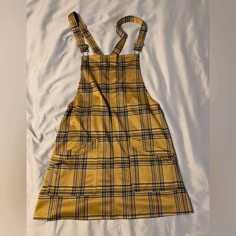 SO brand yellow plaid pinafore mini overall dress
